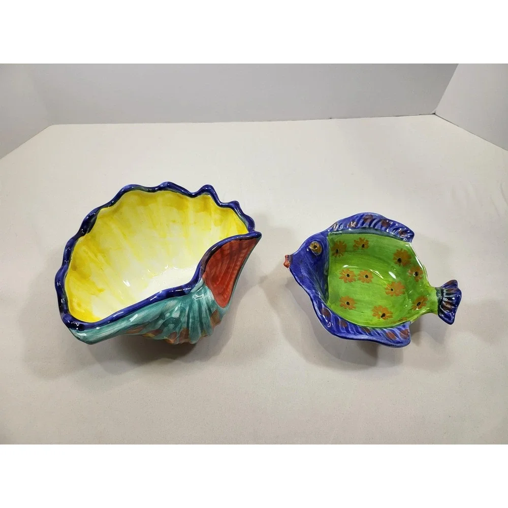 Ciao Italya Bellini Clam Shell Fish Bowl Set Hand Painted Italian Coastal Decor,